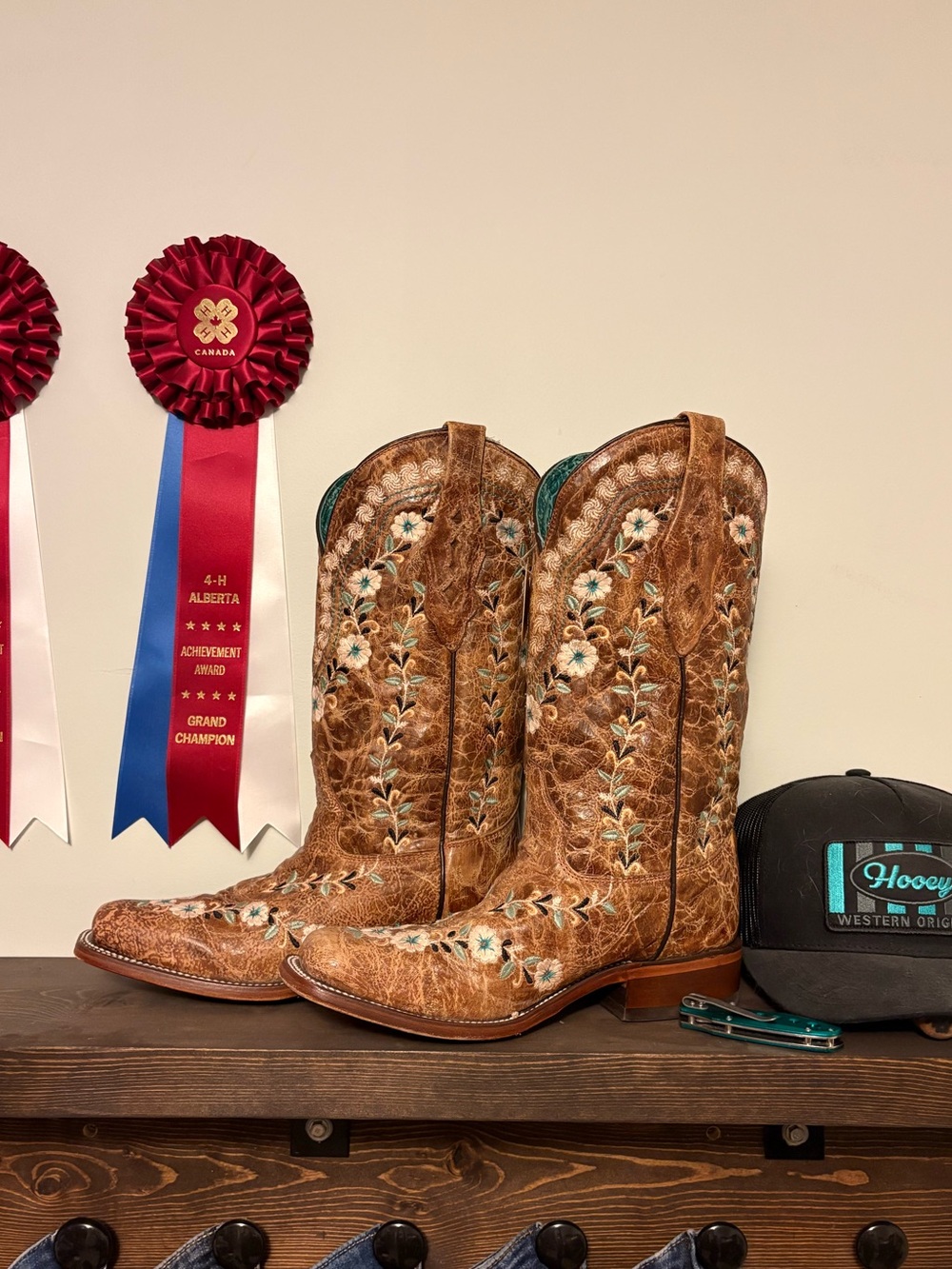 Corral Brown Leather Western Boots with Teal and Cream Floral Stitching